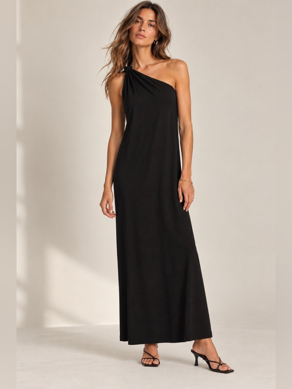 ENZA COSTA One Shoulder Black Jersey Maxi Dress Shelf Bra Minimalist Glam M